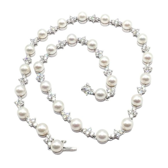 Authentic! Tiffany & Co Platinum Diamond 6.5mm Pearl Necklace - Picture 2 of 13